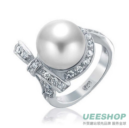 Bling Jewelry Bridal Cubic Zirconia Bow Ribbon White Shell Pearl 925 Silver Rings