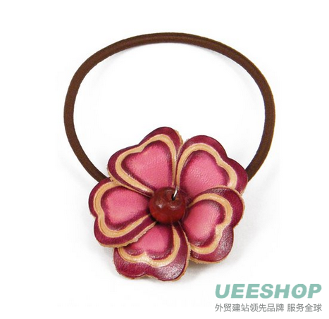 Pink Leather Rose Floral, Flower Ponytail Holder, Hair Tie, Bow 1.75&quot; fca8