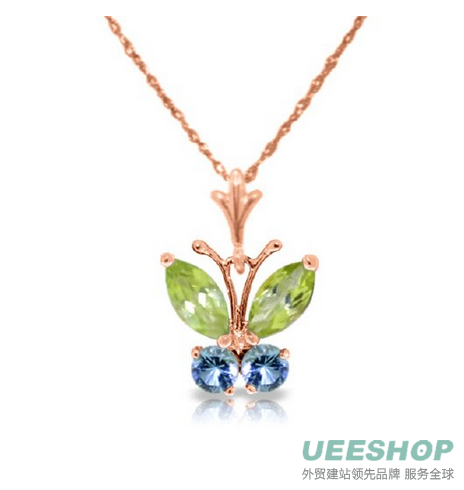 14K Rose Gold Butterfly Necklace with Blue Topazes and Peridots