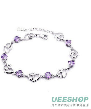 Outop 925 Sterling Silver Bracelet Double Purple Heart Crystal Bangle Bracelet