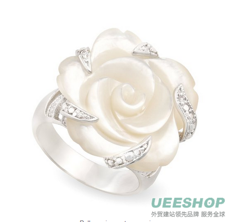 JanKuo Jewelry Carved Mother of Pearl Flower with CZ Cocktail Ring with Gift Box.