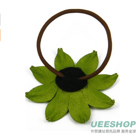 Green Leather Gerbera Floral, Flower Ponytail Holder, Hair Tie, Bow 2.25&quot; cab3