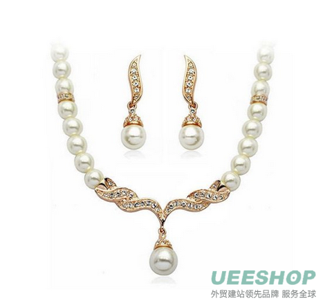 18K Rose Gold Kate Middleton Style Spiral Pearl Drop On Pearl Chain And Earrings Set With Cubic Zirconia S140