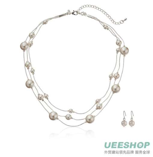 Colored Simulated Pearl Illusion Chain Earrings and Necklace Set, 16&quot; + 3&quot;