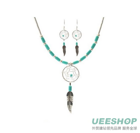 Dream Catcher Turquoise Imitation Necklace Medium Feather Earrings Set, 18"