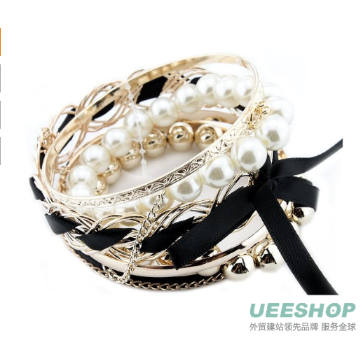 BONAMART ® Set Of Korean Romatic Design Multilayer Braided Bow Faux Pearl Bead Bracelet Bangle Fashion Jewelry