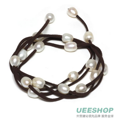 48&quot; White Freshwater Pearl on Brown Leather Wrap Bracelet / Necklace