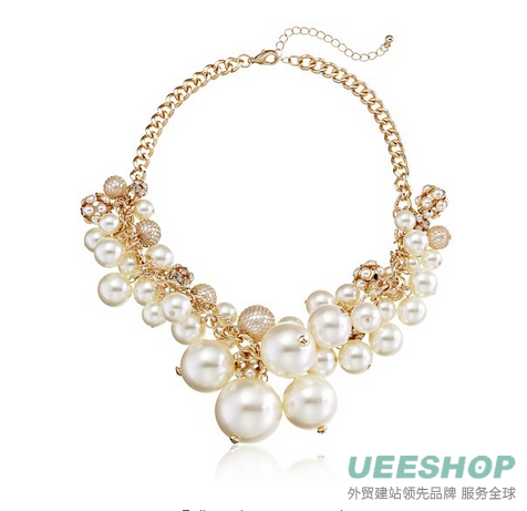 Gold-Tone, Chunky Faux Pearl, and Crystal Statement Necklace, 16.5"