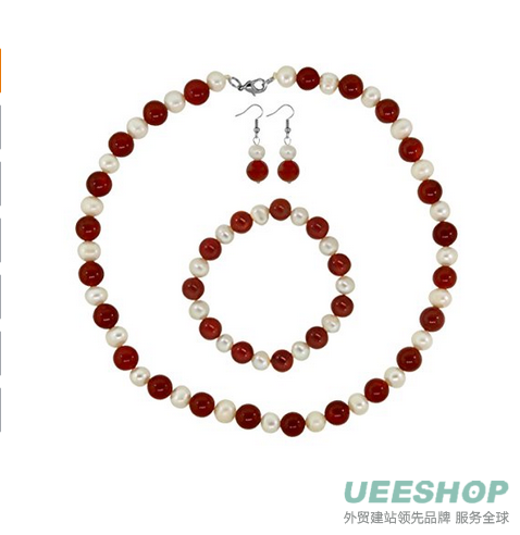 Genuine Freshwater White Pearl &amp; Red Agate Necklace Bracelet &amp; Earring Set 10mm