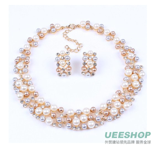 Multi-Row Strand Pearl Beaded Torsade Bib Choker Collar Necklace Earrings Set