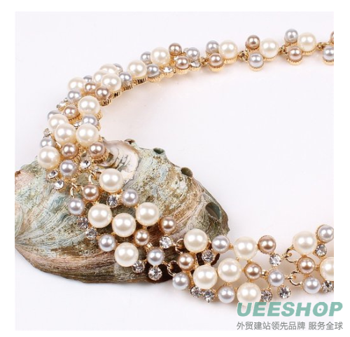 Multi-Row Strand Pearl Beaded Torsade Bib Choker Collar Necklace Earrings Set