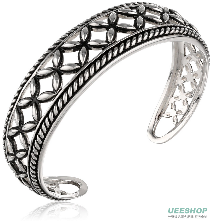 Sterling Silver Bali Inspired Open Marquis Roped Edge Design Cuff Bracelet