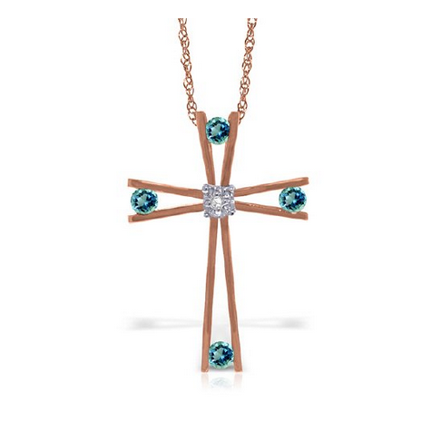 14K Rose Gold Cross with Natural Diamond and Blue Topaz Necklace