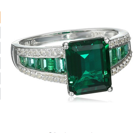 Sterling Silver Created Emerald and Created White Sapphire Octagon Ring
