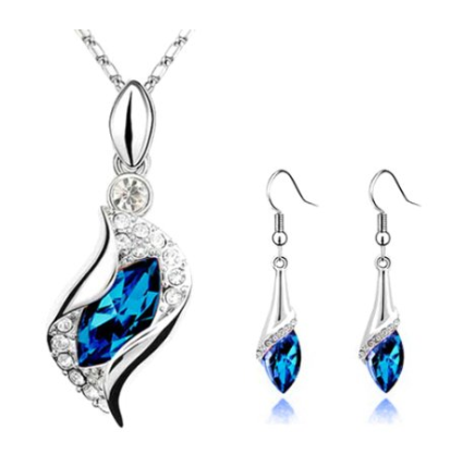 Sapphire Blue Long Teardrop Swarovski Element Set Austria Crystal Fashion Earrings Pendant Necklace FREE Organza Pouch Bag by Small Goby