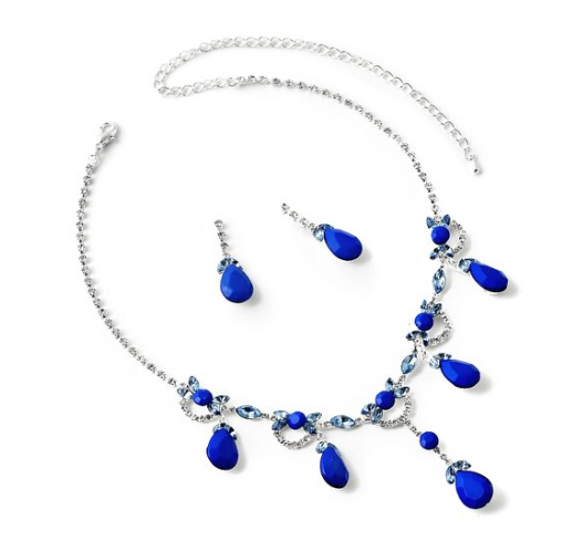 Silver Crystal Drapes with Sapphire Teardrop Accents Necklace &amp; Matching Dangle Earrings Jewelry Set